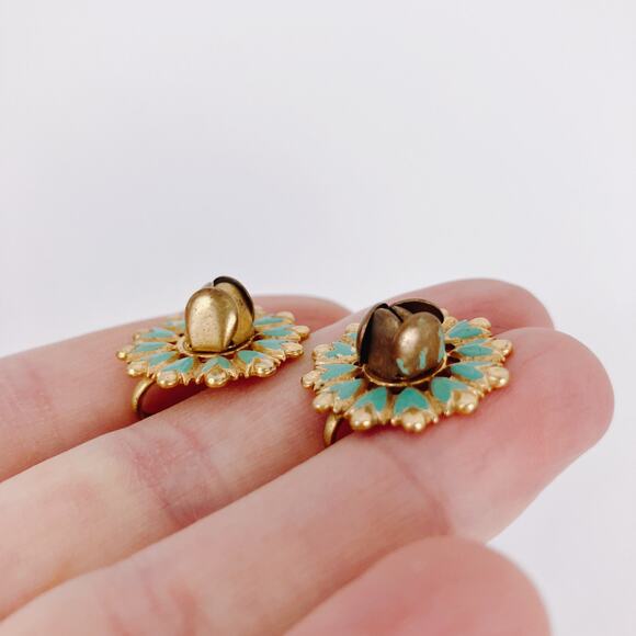 Vintage 1950s Earrings Aqua Enamel Rosebud Screw Back Mid Century Gold Tone - Picture 4 of 11